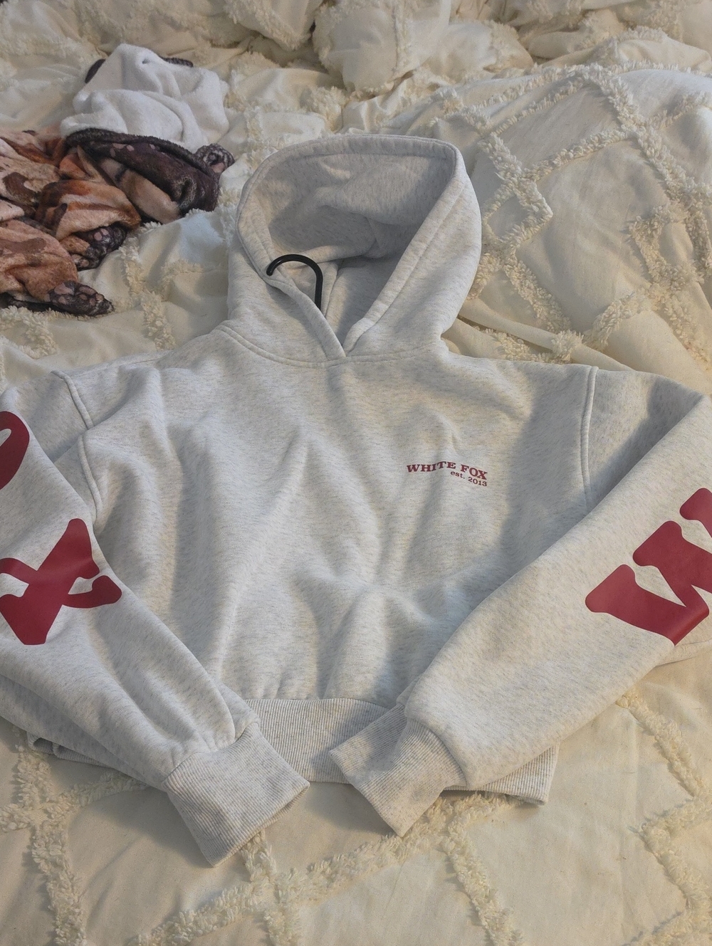 Gray Hoodie with Red Sleeve Graphics